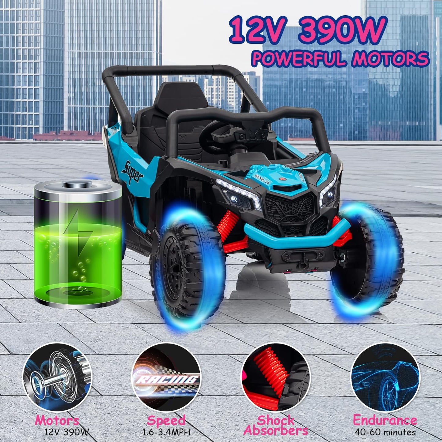 Run Fast 12v Ride on Car with Parent Remote Control Electric Ride on Toys Car for Kids 3-5 2WD 25W Motors 4 Spring Suspension Safety Belt Horn Music and LED Lights(Blue  12V)