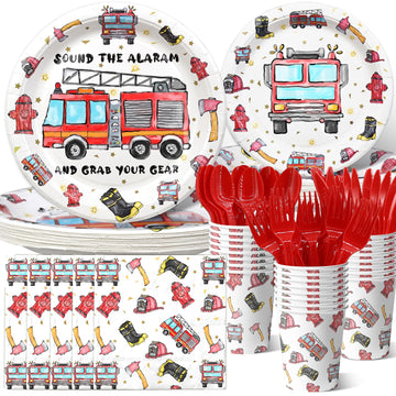 Firetruck Birthday Party Decorations, Watercolor Fire Truck Birthday Party Favors,Fireman Party Supplies, Firetruck Theme Birthd