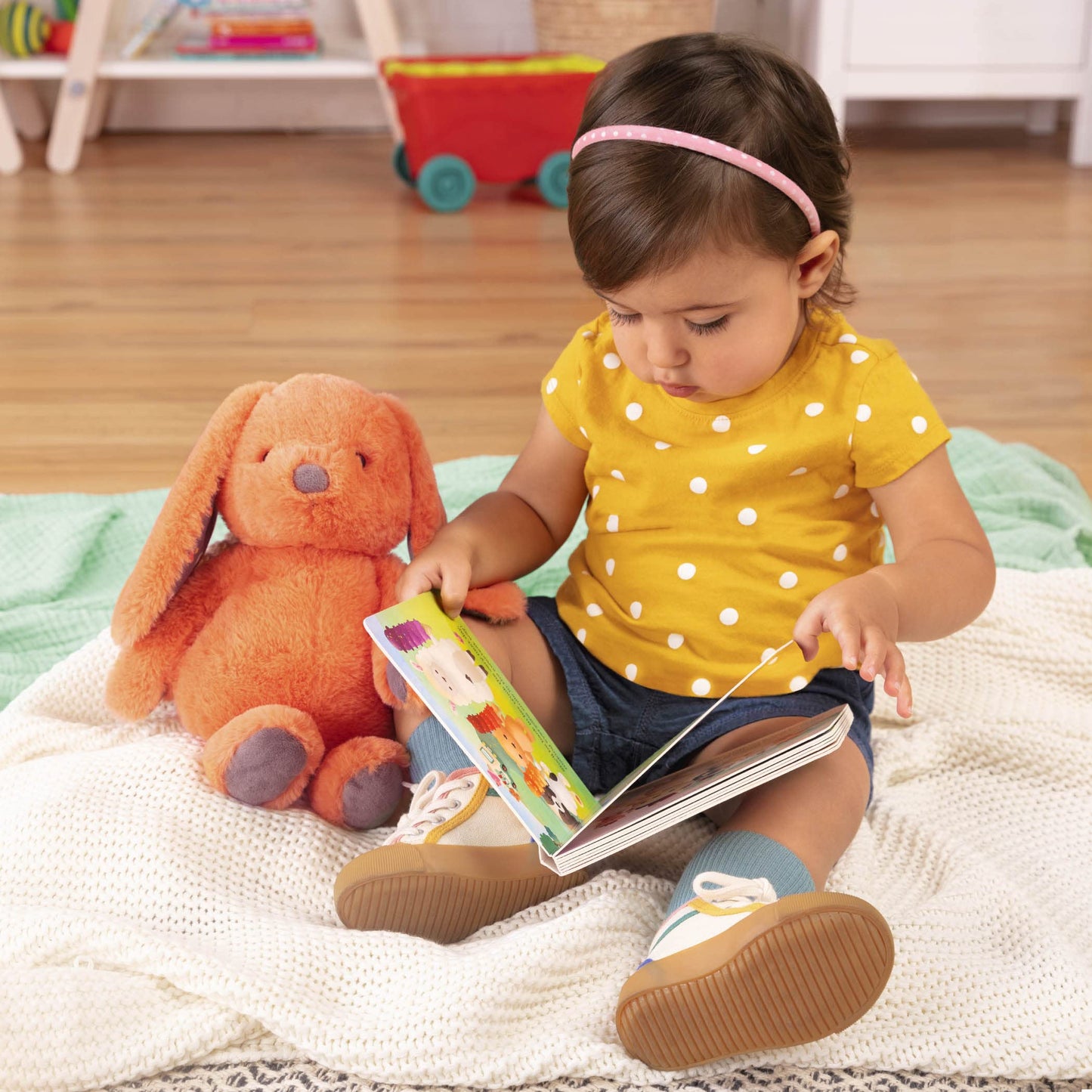 B. toys Plush Bunny Playset with Board Book - 12" Soft Fabric Baby Toy - Coral Cutie