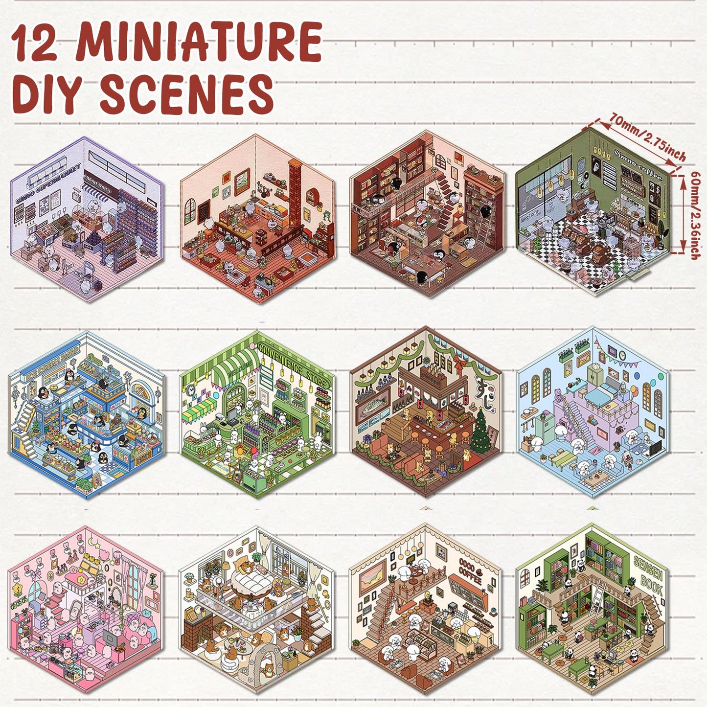 12 Set DIY 3D House Scene Stickers, Fun DIY 3D Sticker Scene Make Your Own Mini Room Coffee Shop Supermarket,Cute Cartoon Miniat