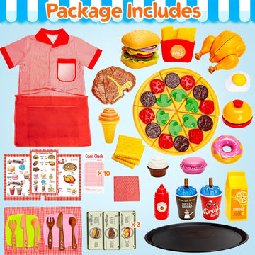 Restaurant Server Play Toys Set for Boys Girls Age 3-8, Role Play Set with Unisex Server Dress-Up Costume, Play Food, Play Money