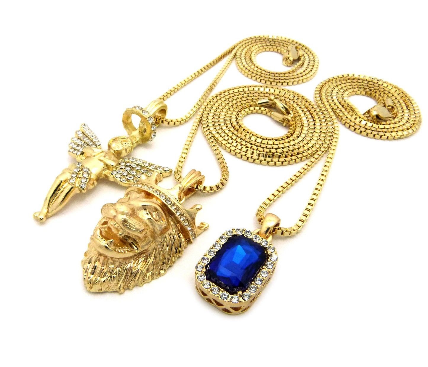 Fashion 21 Micro Colorful Gemstone, Angle, Lion Pendant 24'',30'' Box Chain 3 Necklace Set Gold Tone RC1413G (Blue)