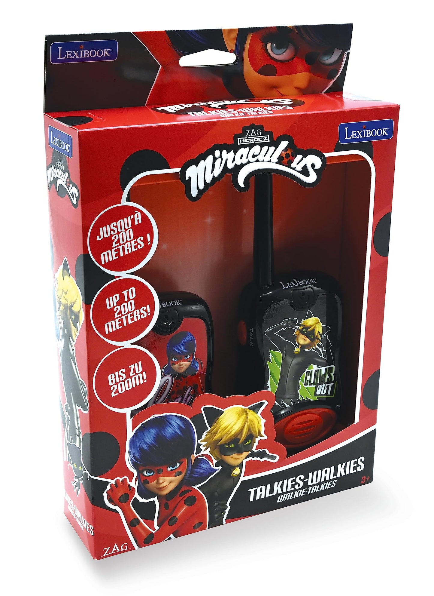 LEXiBOOK  Miraculous  Walkie Talkies  200m  Communication Set for Kids  2 Communication Channels  Belt Clip  Black/Red  TW12MI