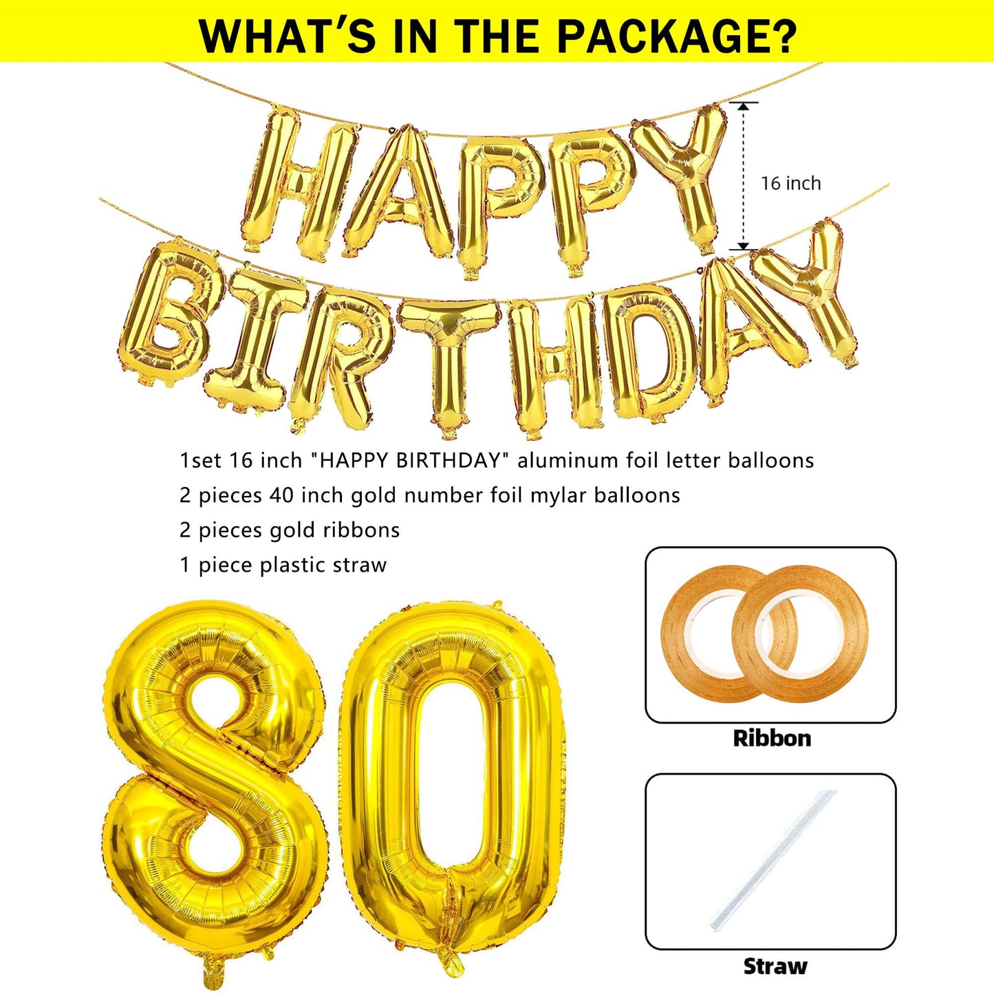 SHUNTAI 80th Birthday Decorations - Jumbo Gold Foil Number 80 Balloons & Happy Birthday Banner for Men Women Party Events
