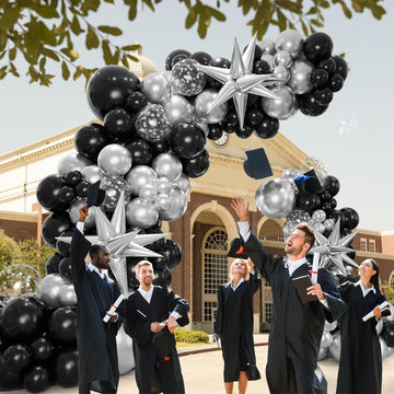 Bonropin 161Pcs Black And Silver Balloons Garland Arch Kit With Explosion Star Balloons, 5/10/12/18In Metallic Sliver And Black