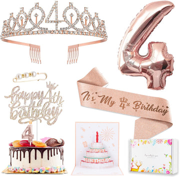4th Birthday Decorations Girl, Including 4 year old Birthday Cake Topper, Birthday Queen Sash with Pearl Pin, Sweet Rhinestone T