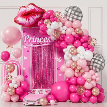 Pink Balloon Garland Arch Kit With Hot Pink Rose Gold Chrome Balloons With Heart Lip Silver Disco Ball Balloon For Girls Birthda