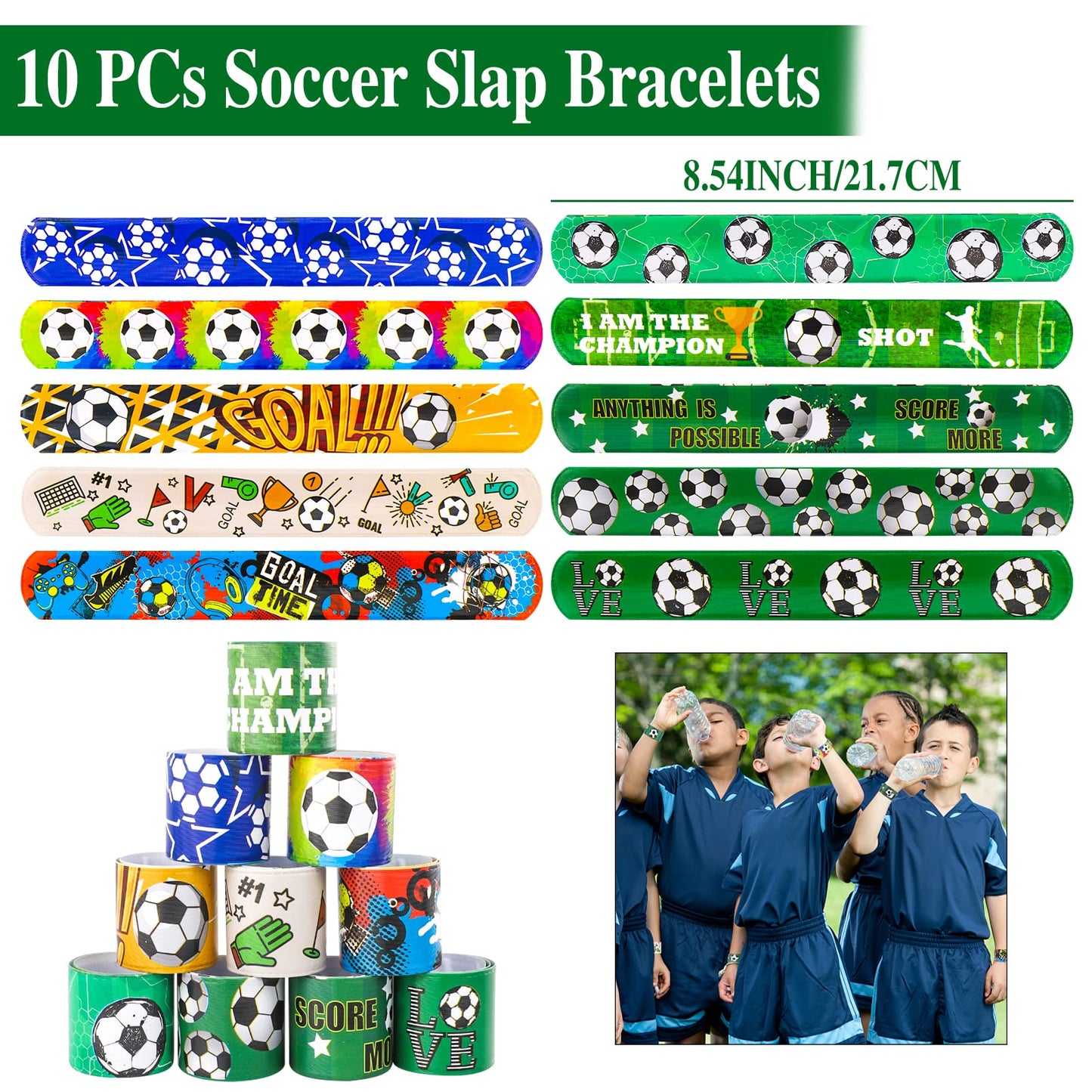 DoYoDoYa Soccer Party Favors Set 96Pcs - Slap Bracelet, Keychain, Tattoos, Toy Whistle - Sports Party Favors for Kids Boys