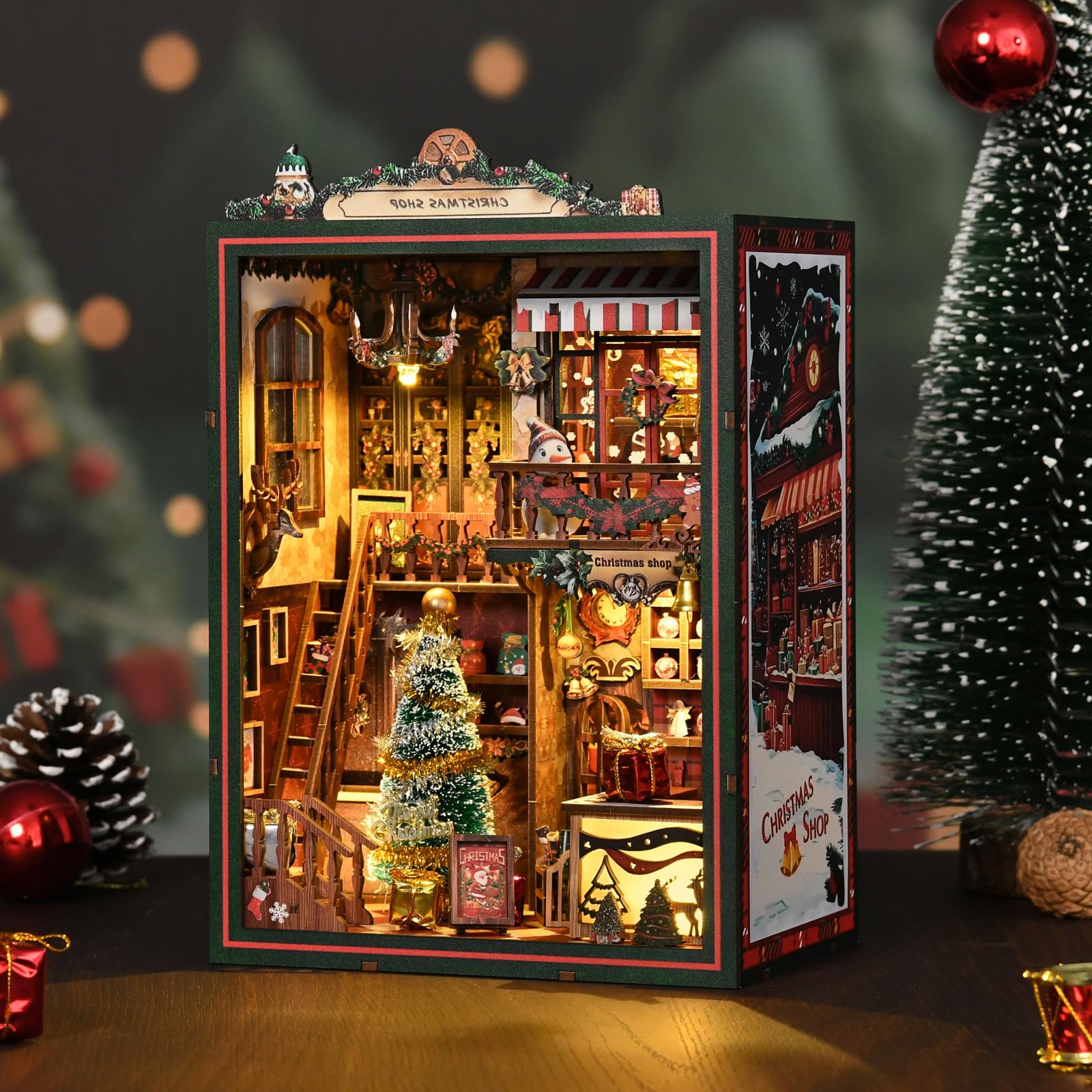 Christmas Book Nook Kit, DIY Miniature House Dollhouse Kit for Adults and Teens, Music Box, LED, 3D Wooden Puzzle Booknook Tiny 