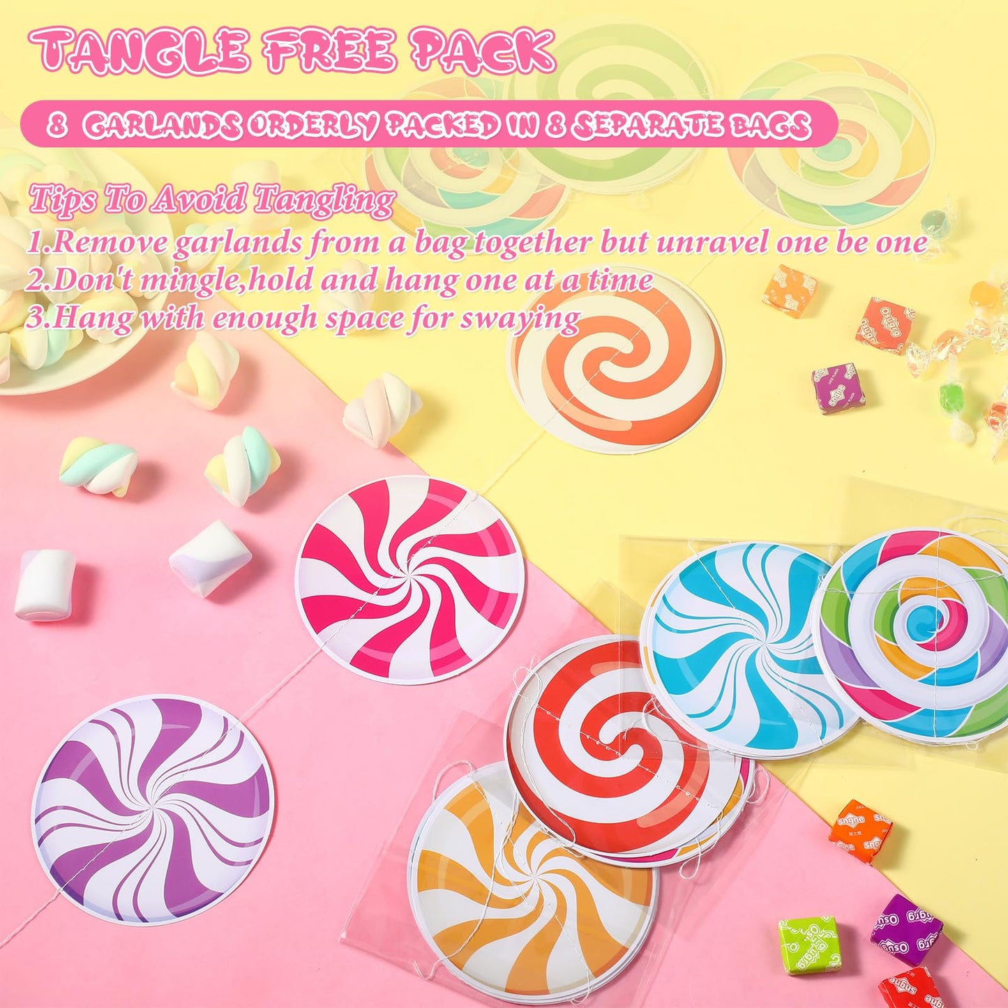 Capoda 8 Pieces Candy Party Decorations Candyland Paper Garlands Candy Paper Cutouts Lollipop Garland Banner Sweet Candy Hanging