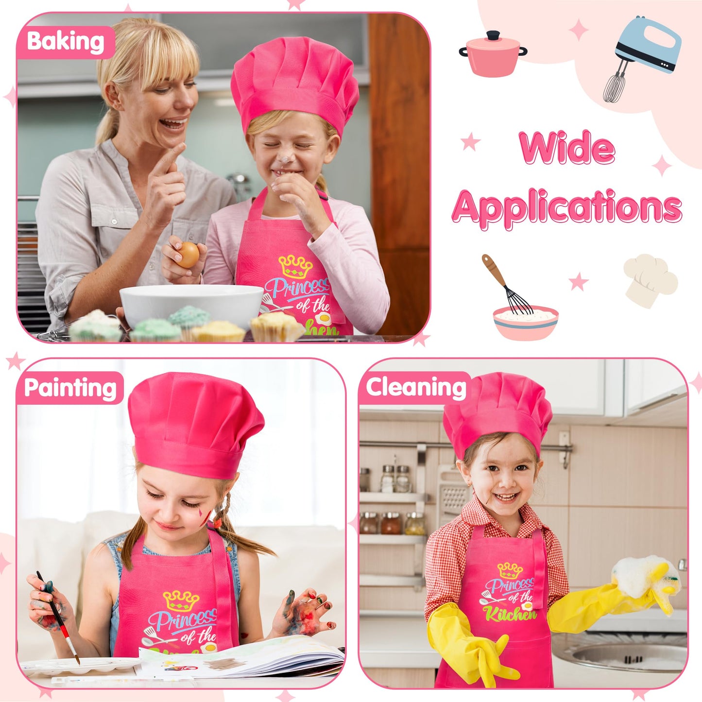 R HORSE 2 Pcs Kid Apron and Chef Hat Set, Rose Red Adjustable Children Kitchen Apron Role Play Chef Toy Cooking Baking Painting