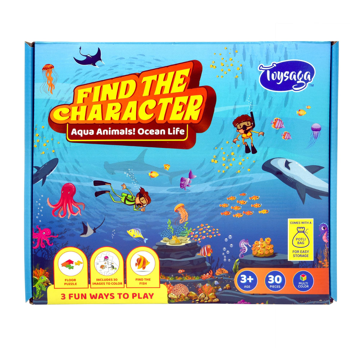 Toysaga 30 Pieces Floor Jigsaw Puzzle for Kids 3+ Years | Find The Fish & Coloring DIY Activity | Find The CharacterAqua Animal