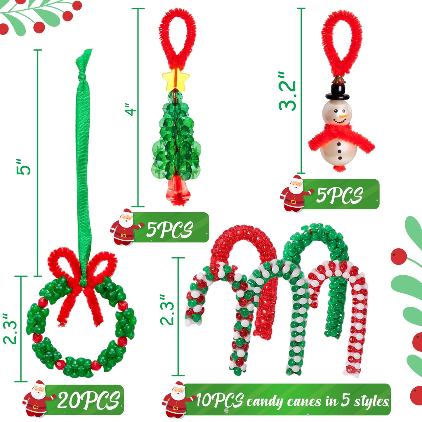 Christmas Crafts for Kids Adults Families, Beaded Ornament Kit to Make Wreath/Candy Cane/Xmas Tree/Snowman, Holiday Decorations
