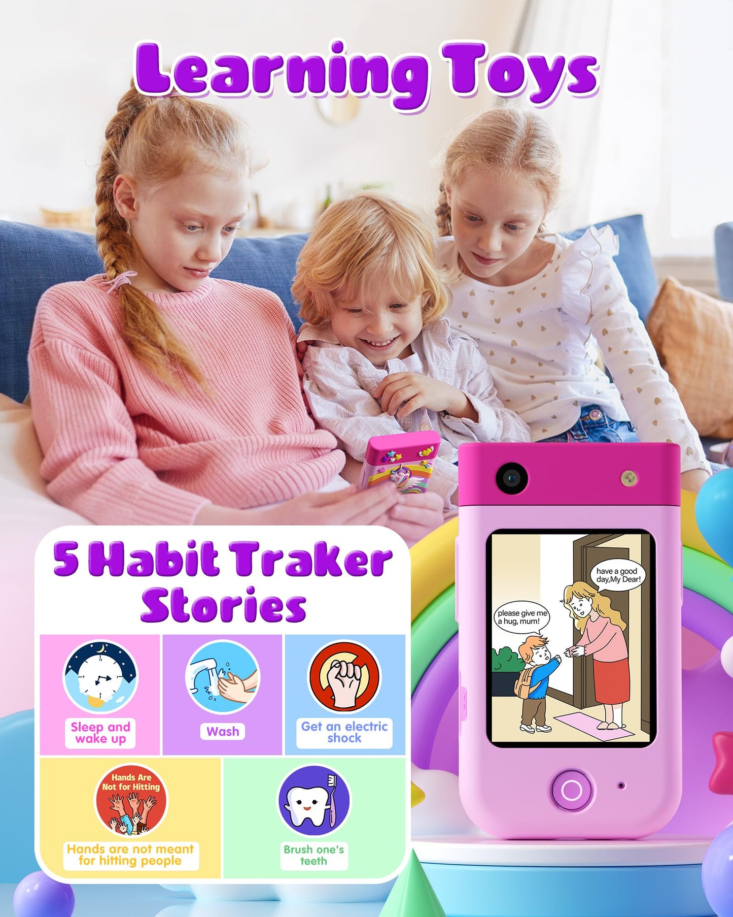 Kids Smart Phone Toy for Girls, Christmas Birthday Gift for Girls Ages 3-10, Touchscreen Toddler Play Phone with Rotating Camera