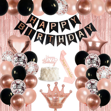 Rose Gold Birthday Decorations For Women Black Rose Gold Balloons Birthday Party Decoration Rosegold Happy Bithday Banner Sash C