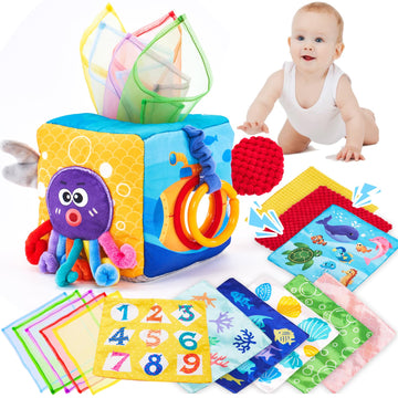 Hahaland Baby Tissue Box Toy - Baby Toys 6-12 Months Montessori Toys For 6 Month Old With Textured Tails, Cloth Tissues, Crinkle, Squeaky Sounds, Mirror - Easter Basket Stuffers For Babies Gifts