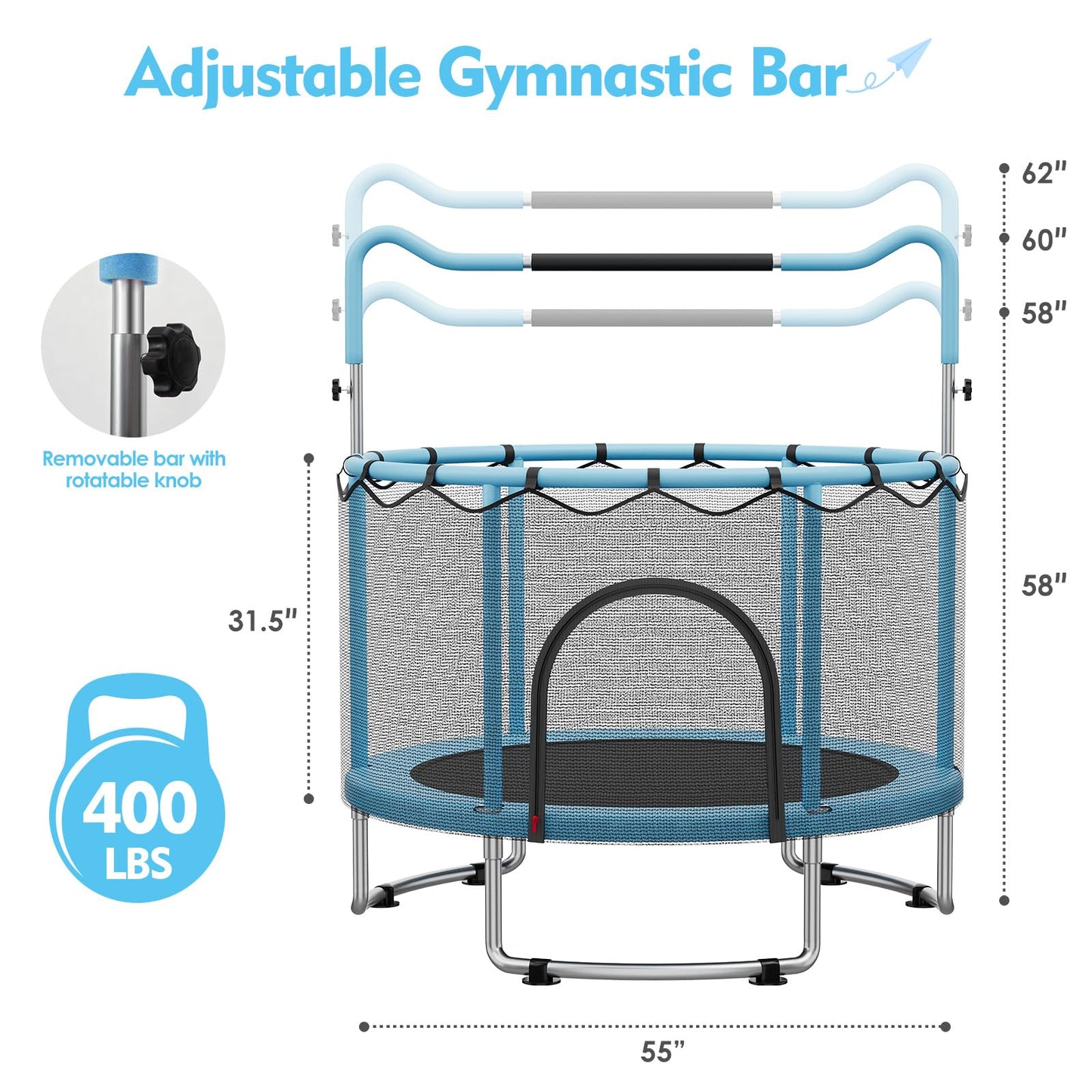 55 Trampoline for Kids, 4.5 FT Toddler Trampoline with Enclosur Net, Basketball Hoop & Sandbag, 440 LBS Capacity, Adjustable Hei