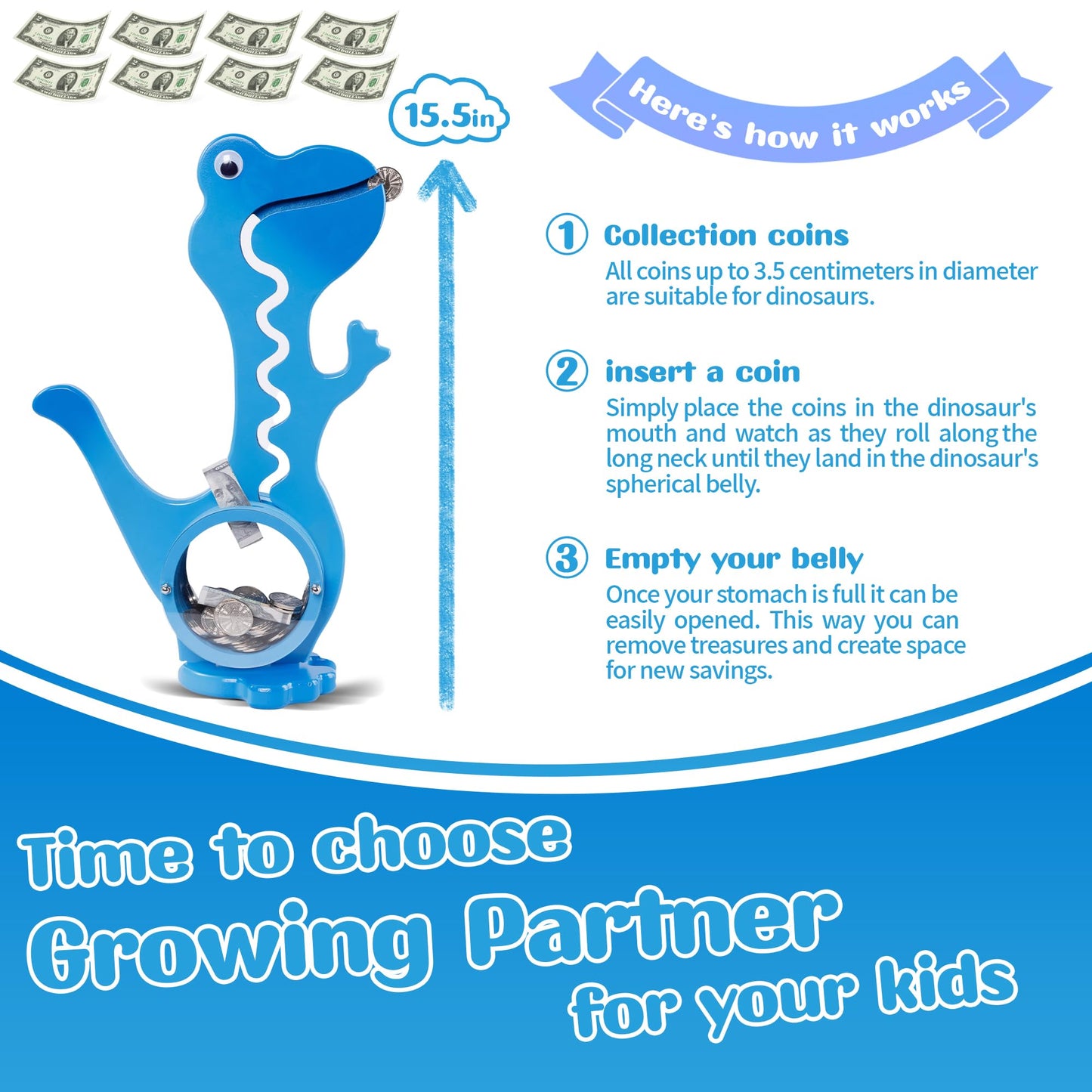 squacco Dinosaur Piggy Bank Boalord for Girls Boys Kids Big Animal Personalized Wooden Coin Bank Money Saving Box for Children mature-themed Best Toy Gift(Dino -Blue)