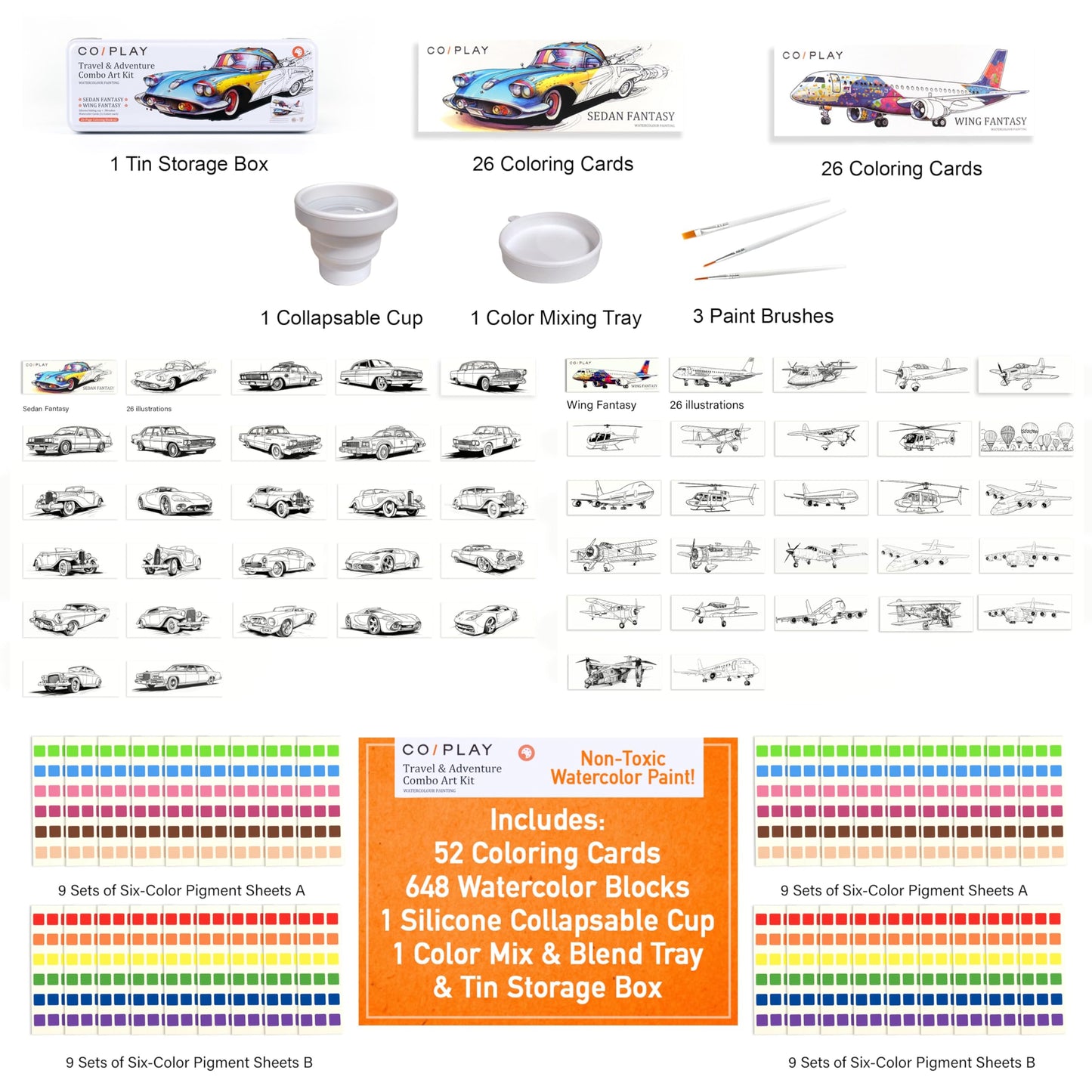 Coiplay 648 Color Blocks Watercolor Paint Set, 52-Bookmarks, 3 Brushes, Silicone Cup, Travel & Adventure Coloring Books, For All