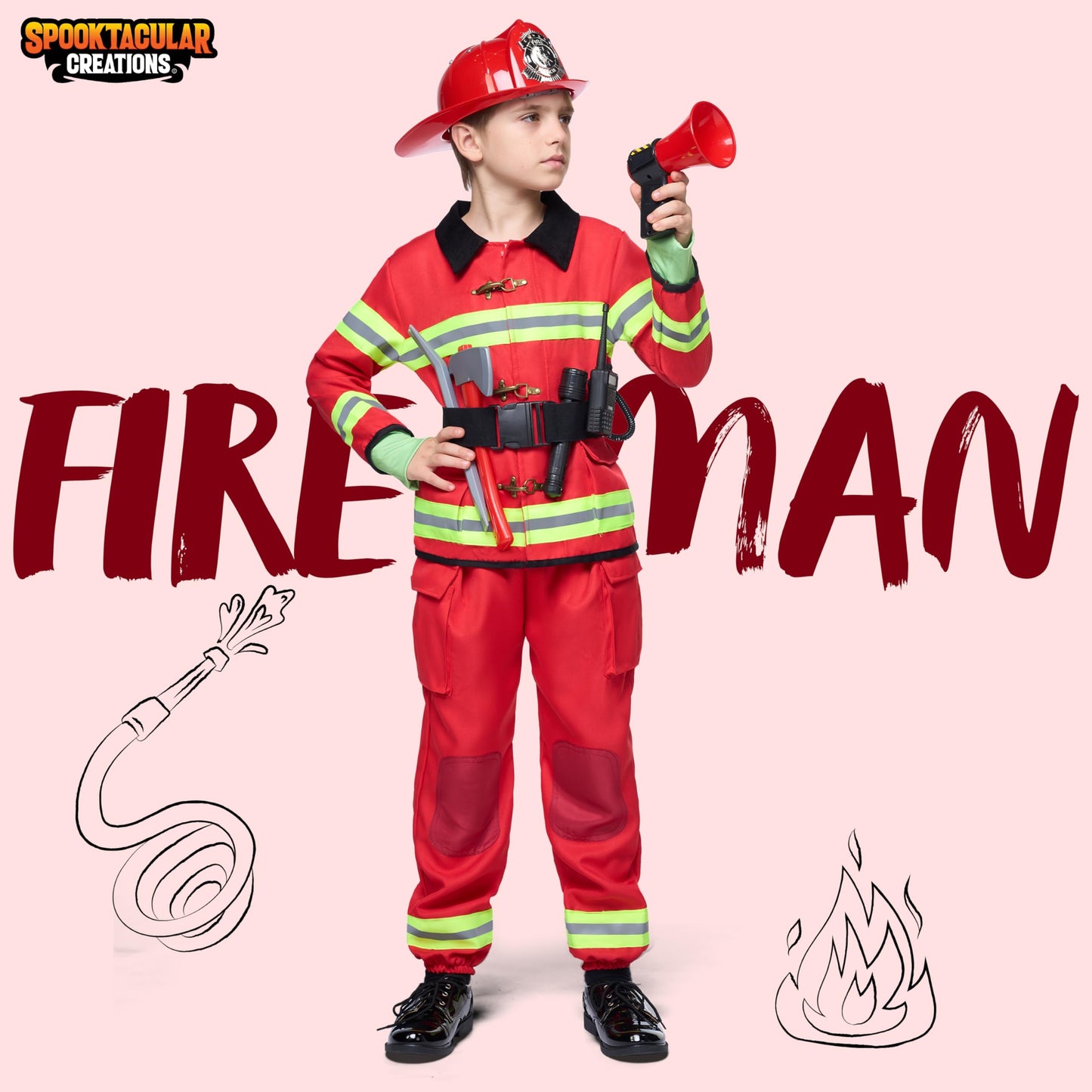 Spooktacular Creations Halloween Boys Fireman Costume  Firefighter Costume for Kids  Red Toddler Fireman Jumpsuit Accessories Set for Dress-up and Roleplay Party (Large  10-12 yrs)