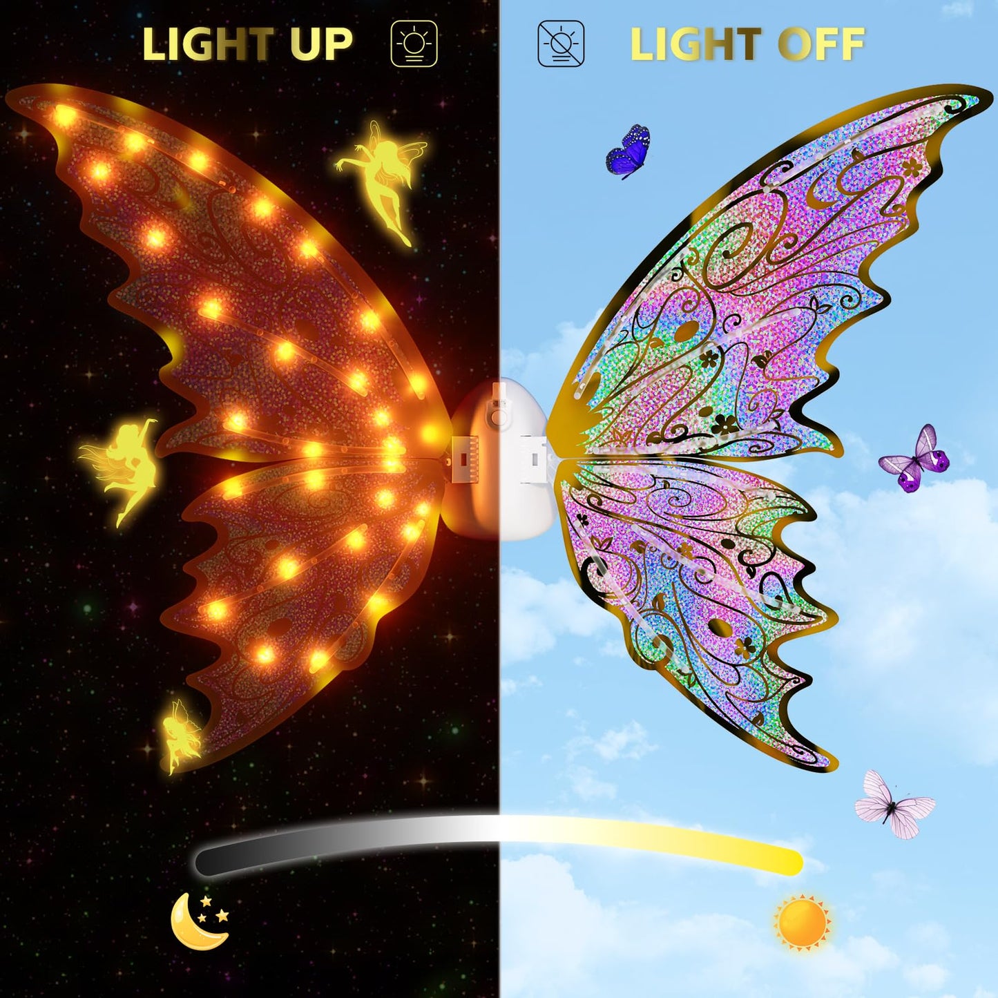 Maysida Gold Fairy Wings For Kids And Girls, Light-Up Electric Sparkling Wings Princess Halloween Set With Wand, Crown, Butterfl