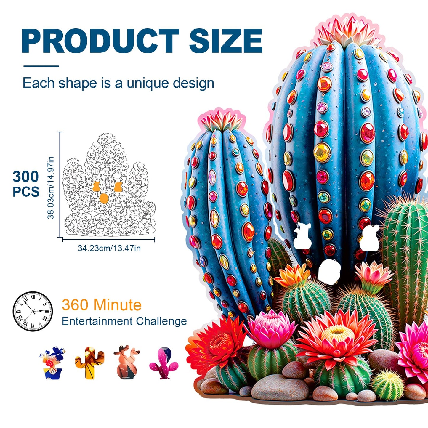 Wooden Jigsaw Puzzles for mature-themeds and Kids  Cactus Gemstones 300 Piece Unique Shaped Puzzle  Family Game and Creative Wooden Puzzle Gift  Wall Art Decor
