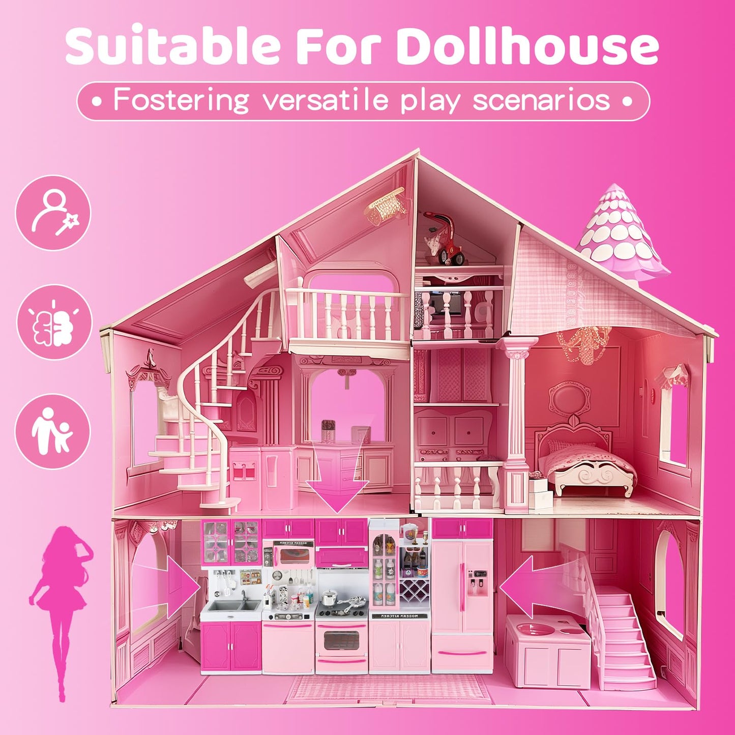 Socbtnso 64 Pcs Pink Kitchen Toys With Lights Sounds|Mini Kitchen House Furniture Sets For Kids Ages 4-8|Doll Playset Toys For T