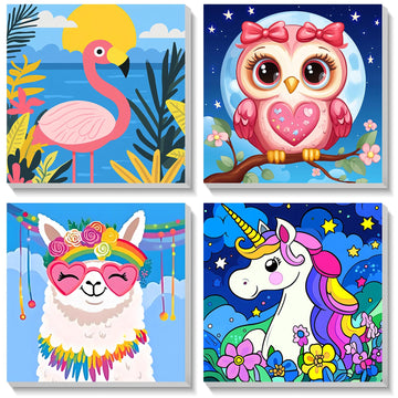 HEIBAGO 4 Pack Framed Paint by Number for Kids,Cute Animals Paint by Numbers for Beginners, Paint by Numbers kit for Kids, DIY A