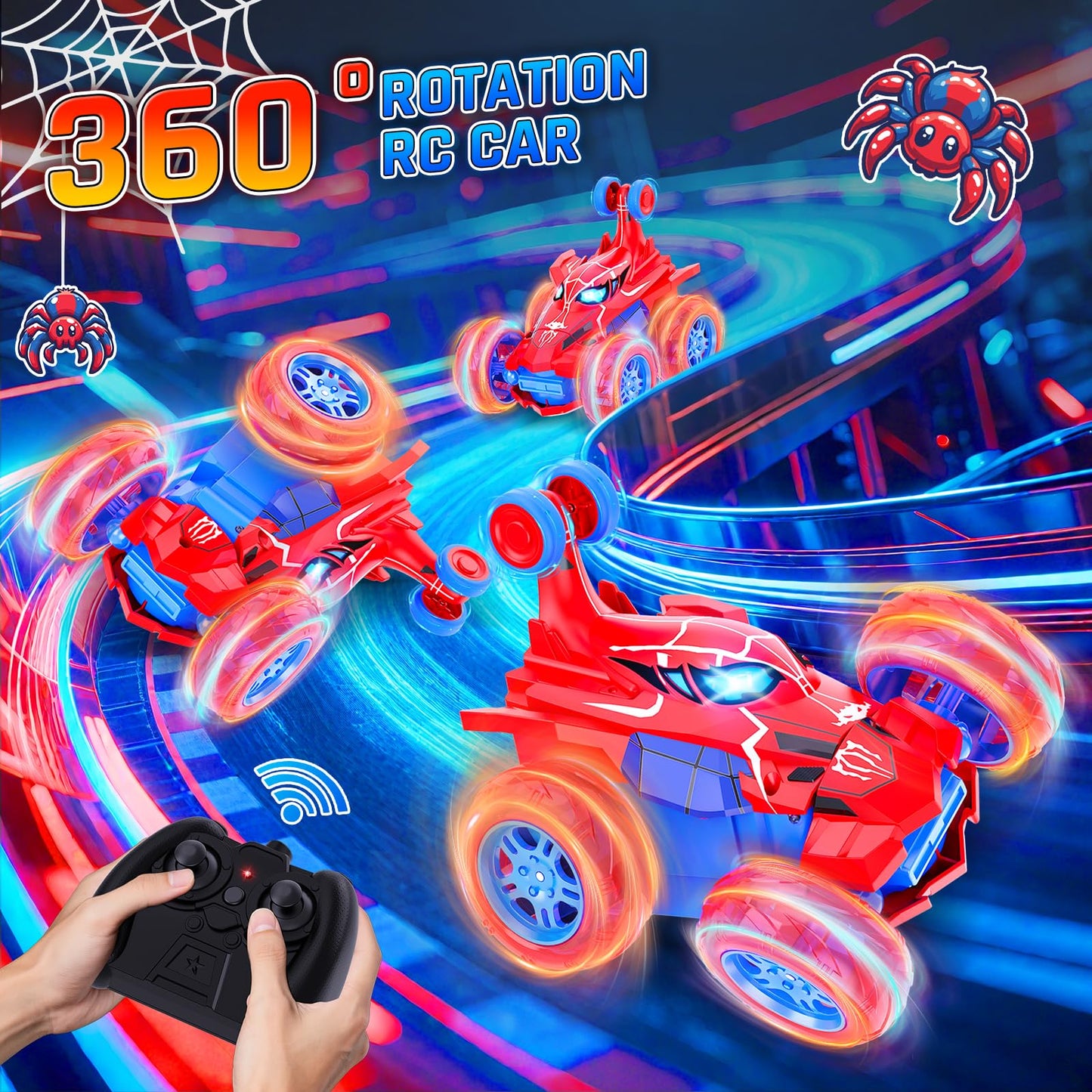 Innofans Remote Control Car for Boys, 360 Rotating 4WD Stunt Spider RC Cars with Cool LED Lights, Rechargeable Car Toys Birthday