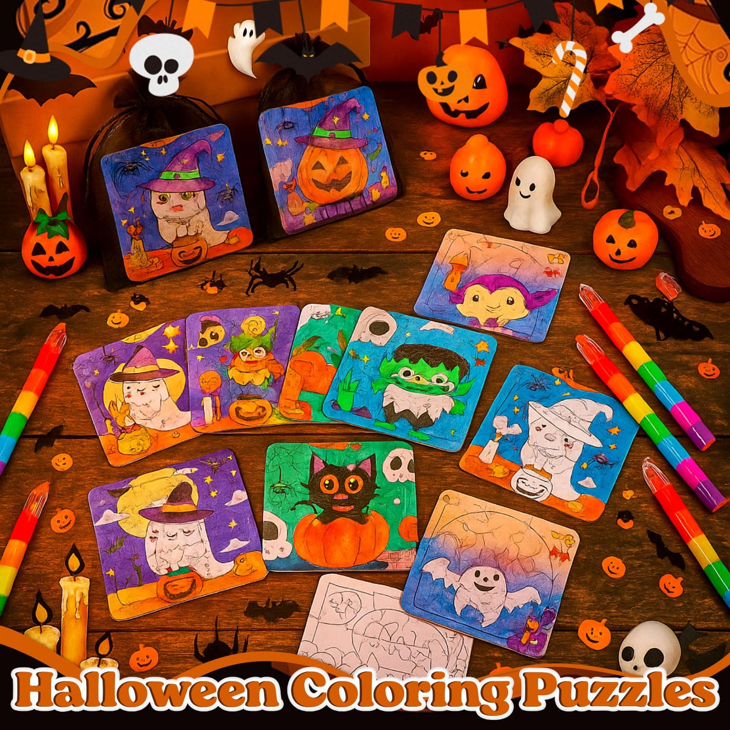Fullhawl 12 Sets Puzzles Color Your Own Puzzles DIY Jigsaw Crafts with 12 Stackable Crayons and 12 Bags for Learning Education Toys Gifts Prizes Birthday Party Supplies (12  Halloween)