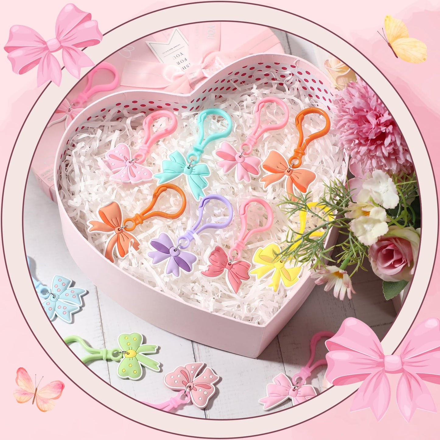 Jadive 48 Pack Pastel Bow Keychains Bulk Coquette Cheer Party Favors Pink Bow Theme Birthday Party Supplies Gifts for Kids Girls