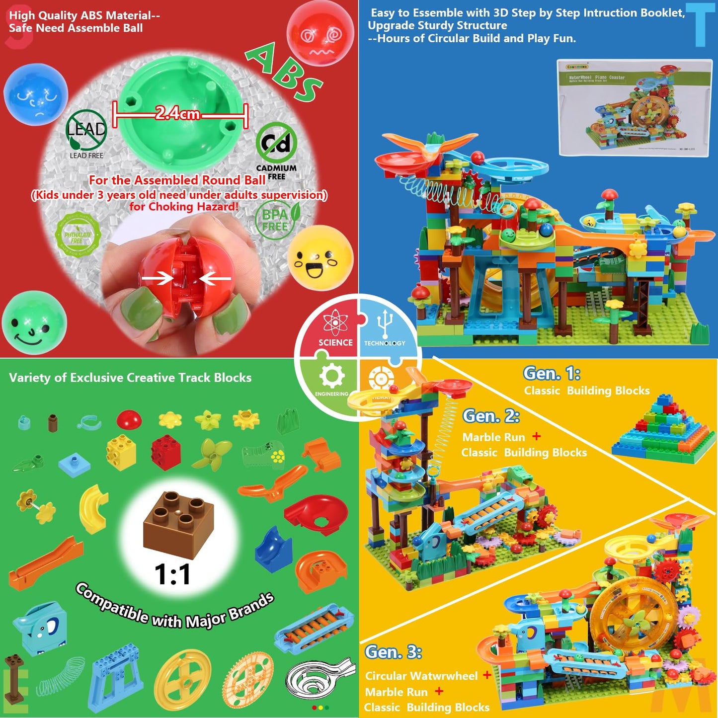 COUOMOXA Marble Run Building Blocks - Montessori STEM Toys for Kids 4-8, Classic Color, Ideal Christmas & Birthday Gifts