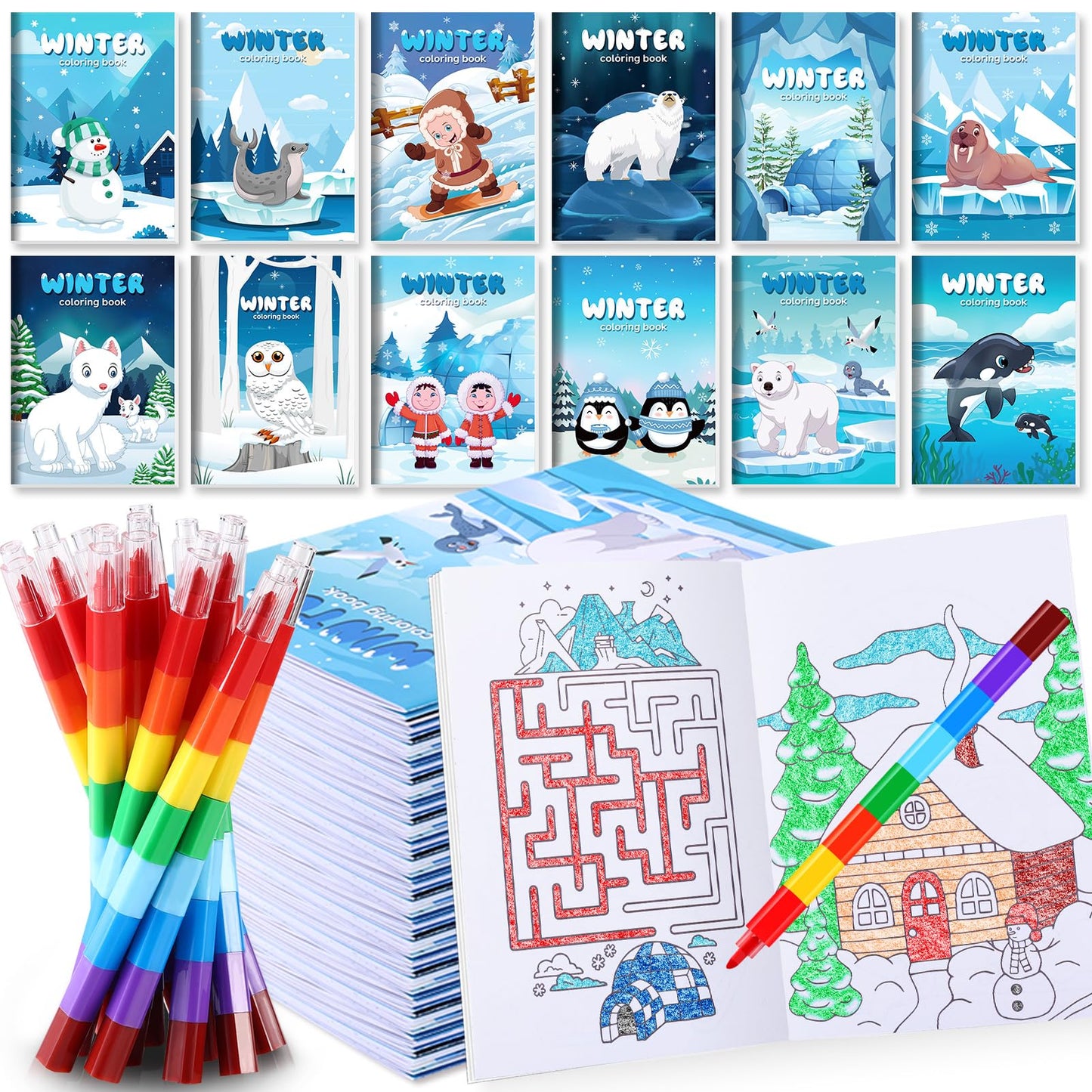 BenLouis 12 Winter Mini Coloring Books Kids with 12 Stacking Crayons Polar Animals Party Favors Small Activity Books Bulk for Ki