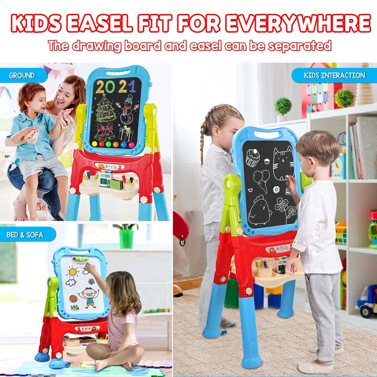 Mojitodon Kids Easel - Double-Sided Adjustable Art Easel with Accessories, Blue, Plastic