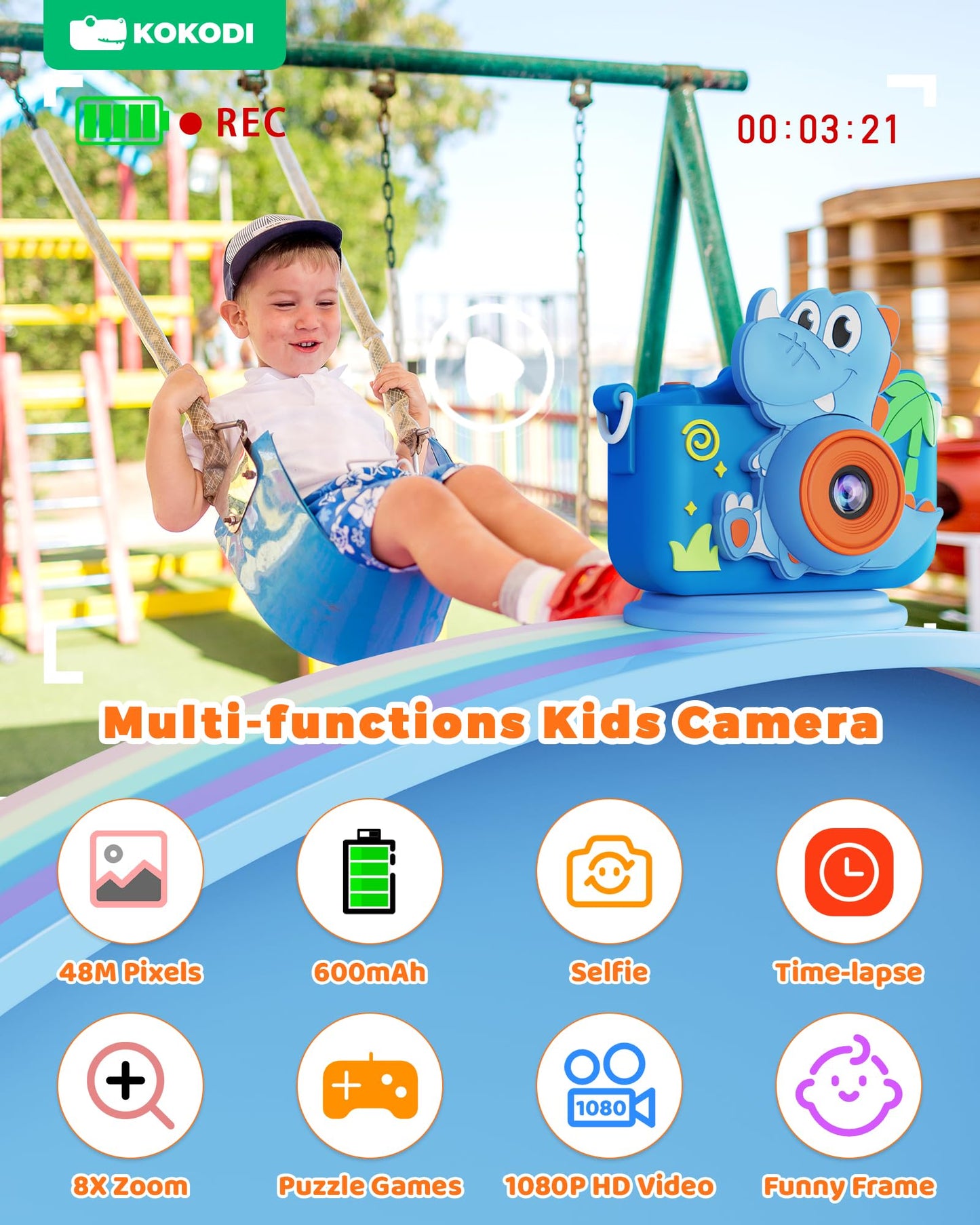 Kokodi Kids Camera Toy Digital Camera For Kids, Dinosaurs Birthday Gifts For Boys Age 3-12, 1080P Hd Video Camera For Toddler, C