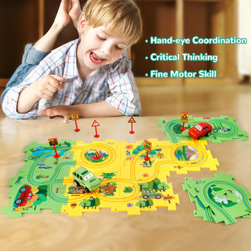 Yooyid Plastic Floor Puzzles For Kids With 2 Cute Vehicles, Puzzle Racer Kids Car Track Set, Montessori Toys For 3 4 5 6 Year Ol