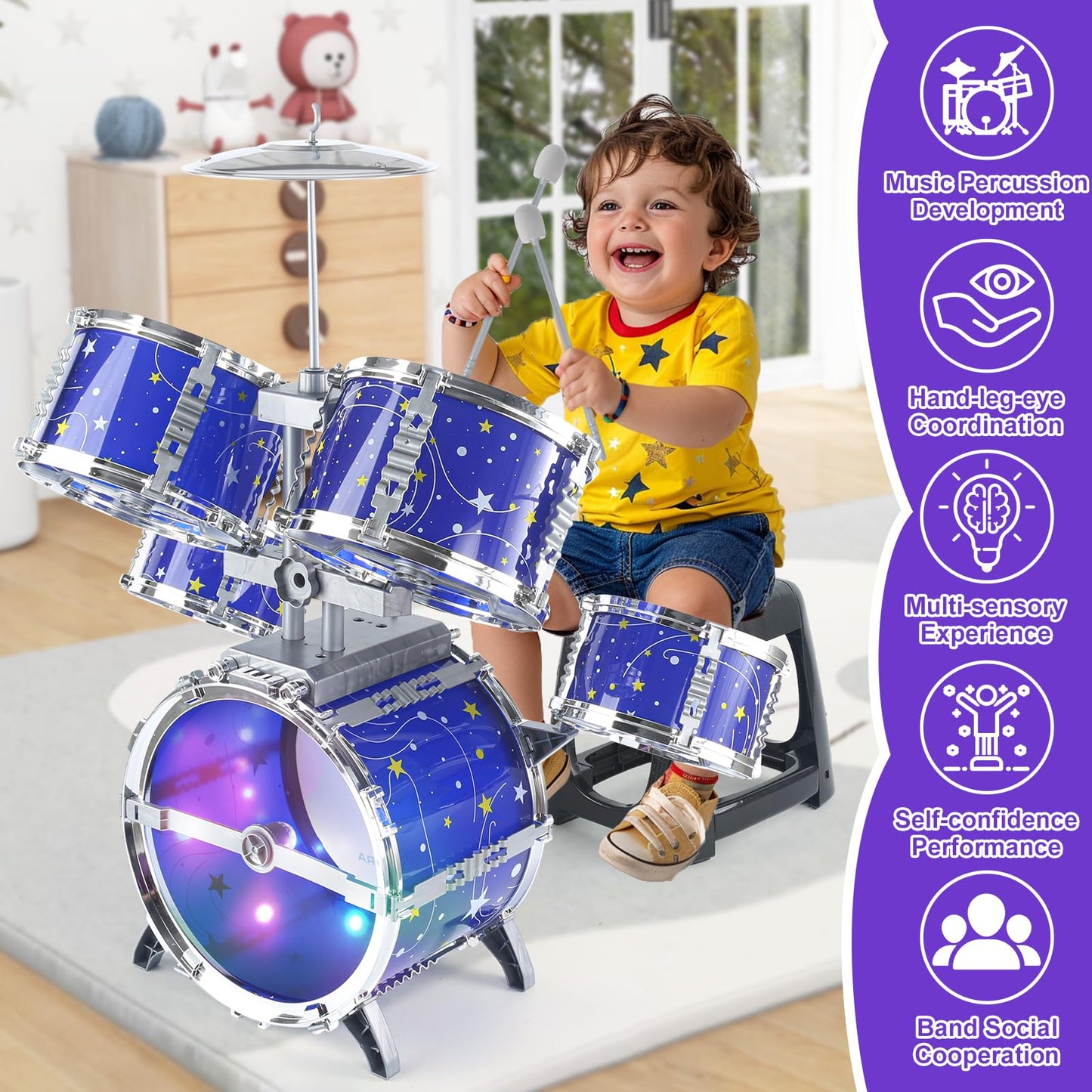 Upgraded Kids Drum Set For Toddlers 1-3, Kids Jazz Drum Ages 3-5, Star Light Up Musical Instrument Toys For Boys Girls 2-5 4-6 5