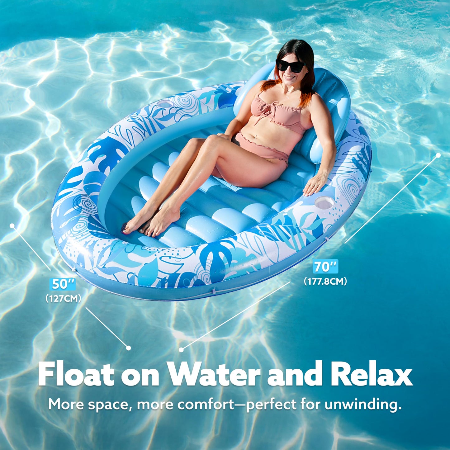 Sloosh Inflatable Tanning Pool Lounger Float, 70" x 46", Blue Plastic Raft with Pillow for Adults, 4-in-1 Sunbathing Bed