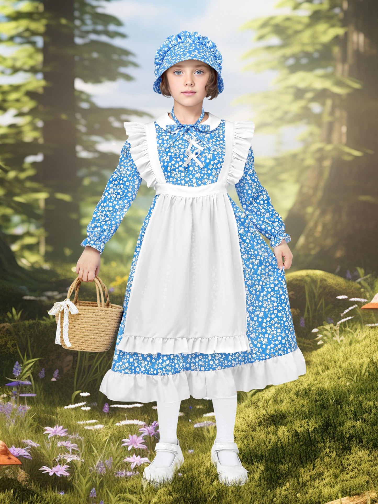 SOMSOC 5 Pack Colonial Girl Dress Costume Set Pioneer Floral Dress with Apron Bonnet Socks Flower Basket for Historical Play