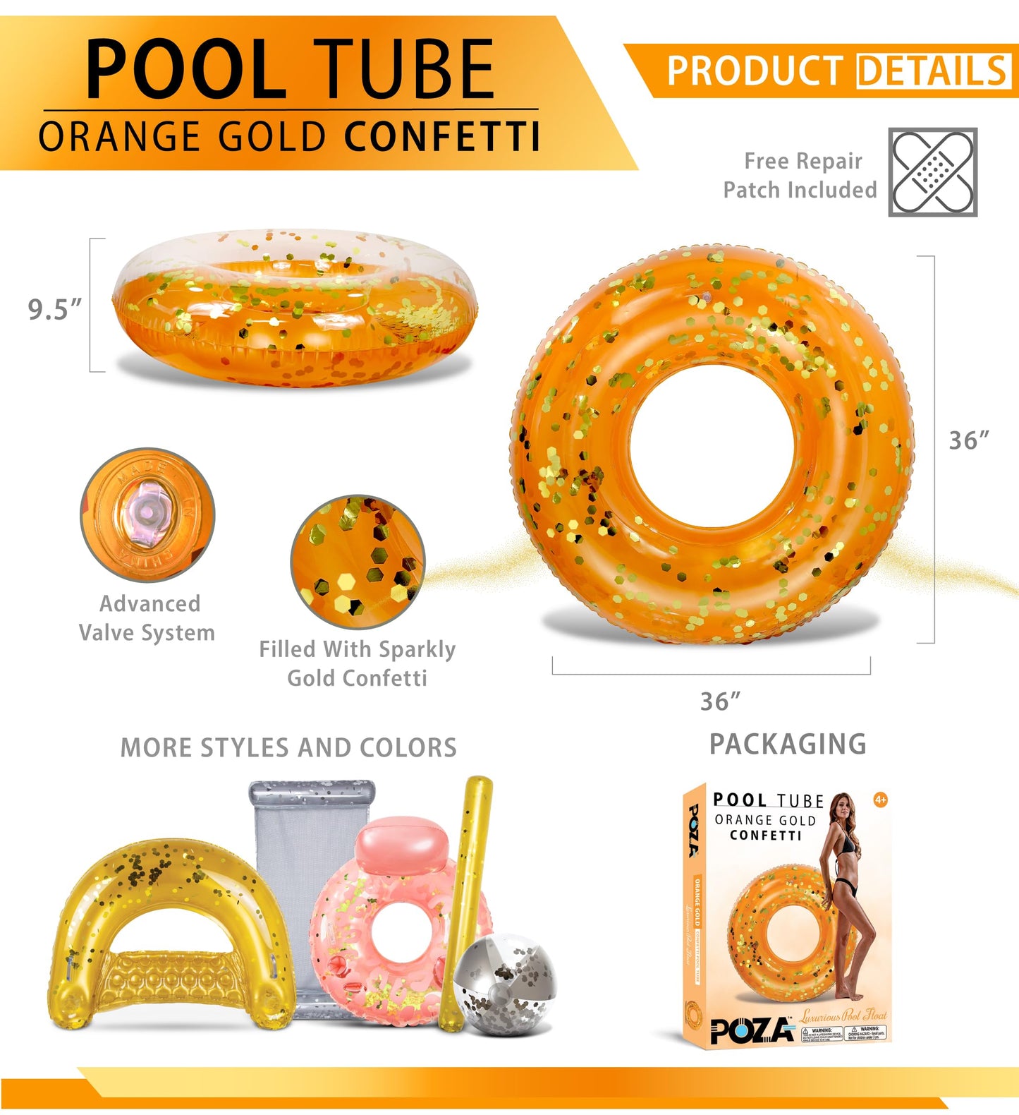 CoTa Global Inflatable Pool Float Tube - 36" Heavy Duty PVC Vinyl Ring, Sparkly Confetti, Orange Gold, Model 201164 for Kids & Adults