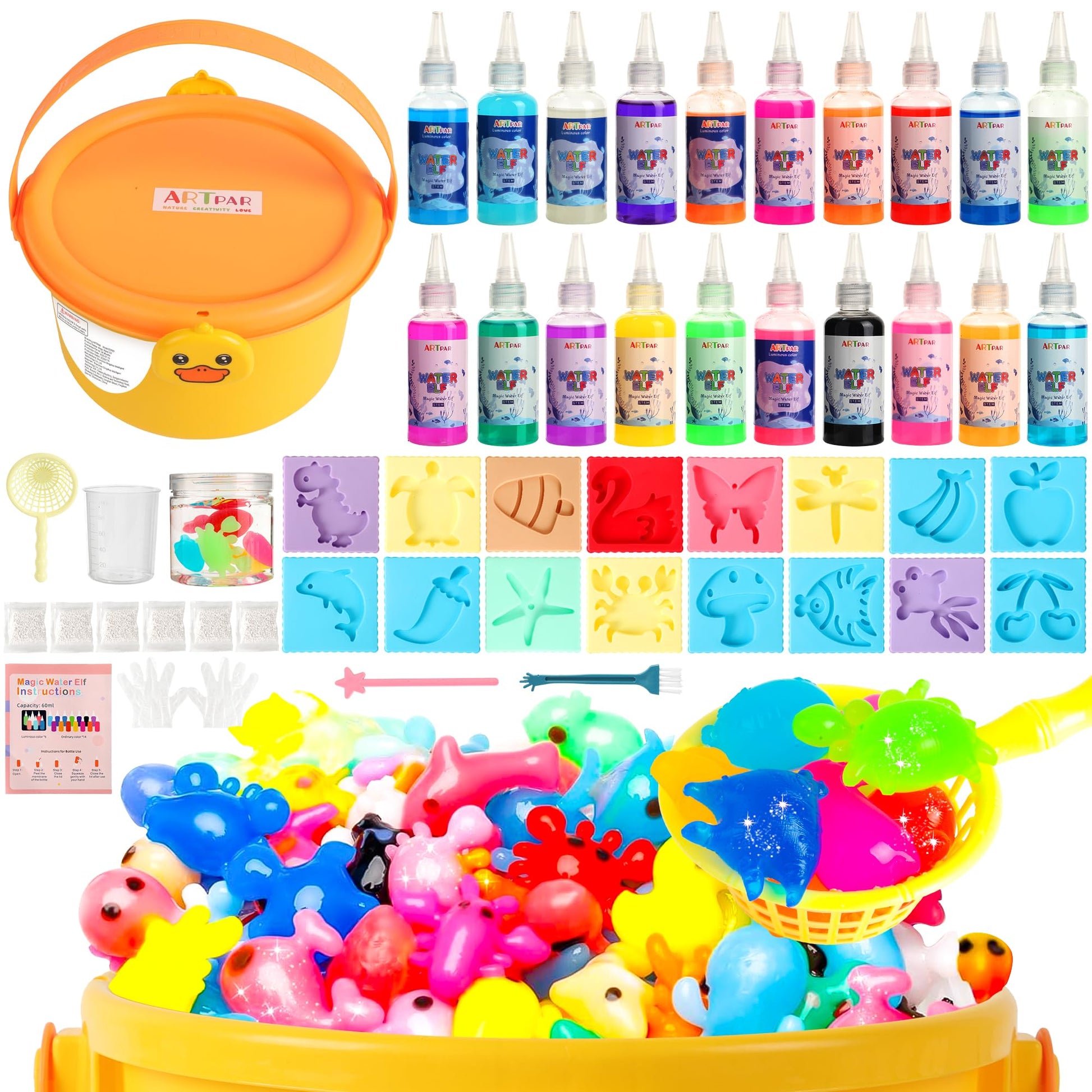 ARTPAR Magic Water Elf Toy Kit - Aqua Fairy DIY Craft Set with 20 Magic Gels & 16 Molds - Create Your Own Squishy Water Pets - F