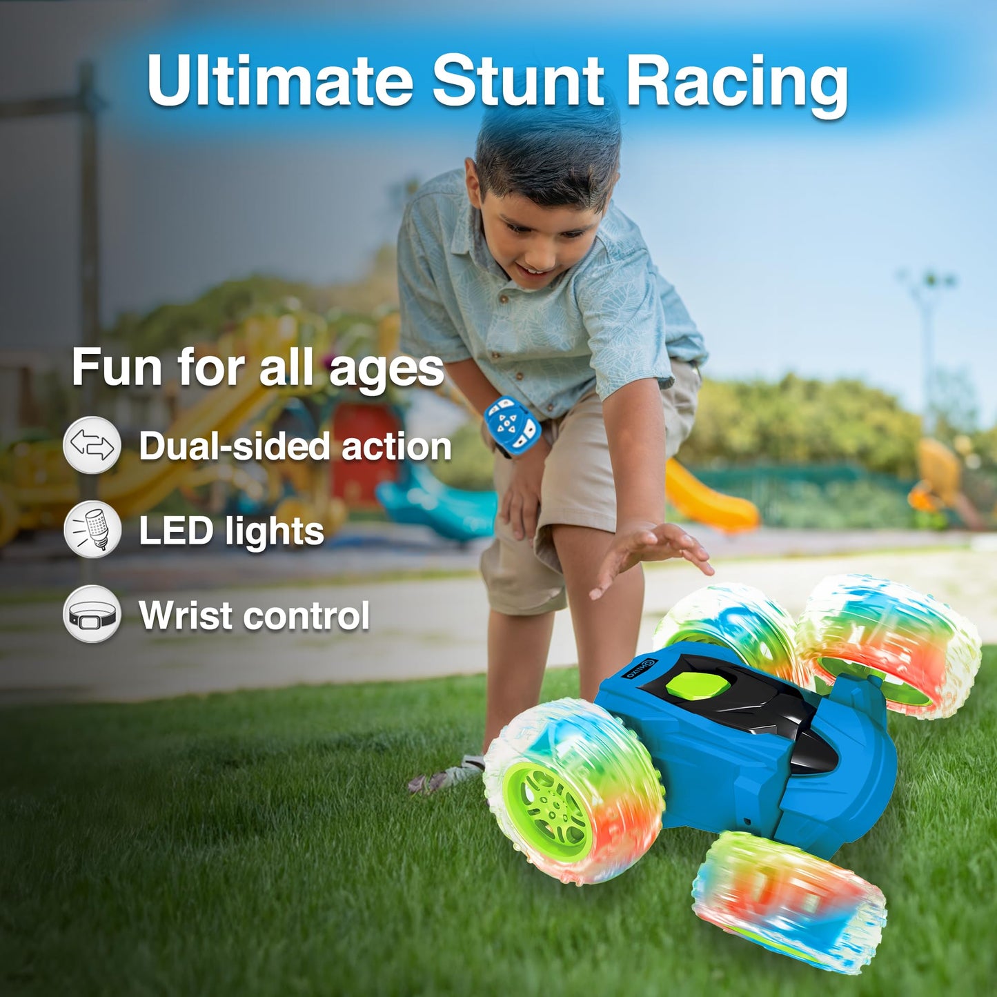 Contixo RC Stunt Car 4WD 2.4GHz - Double-Sided 360 Rotating Remote Control Car with LED Lights, for Kids Age 4-12, Blue