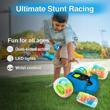 Contixo RC Stunt Car 4WD 2.4GHz - Double-Sided 360 Rotating Remote Control Car with LED Lights, for Kids Age 4-12, Blue