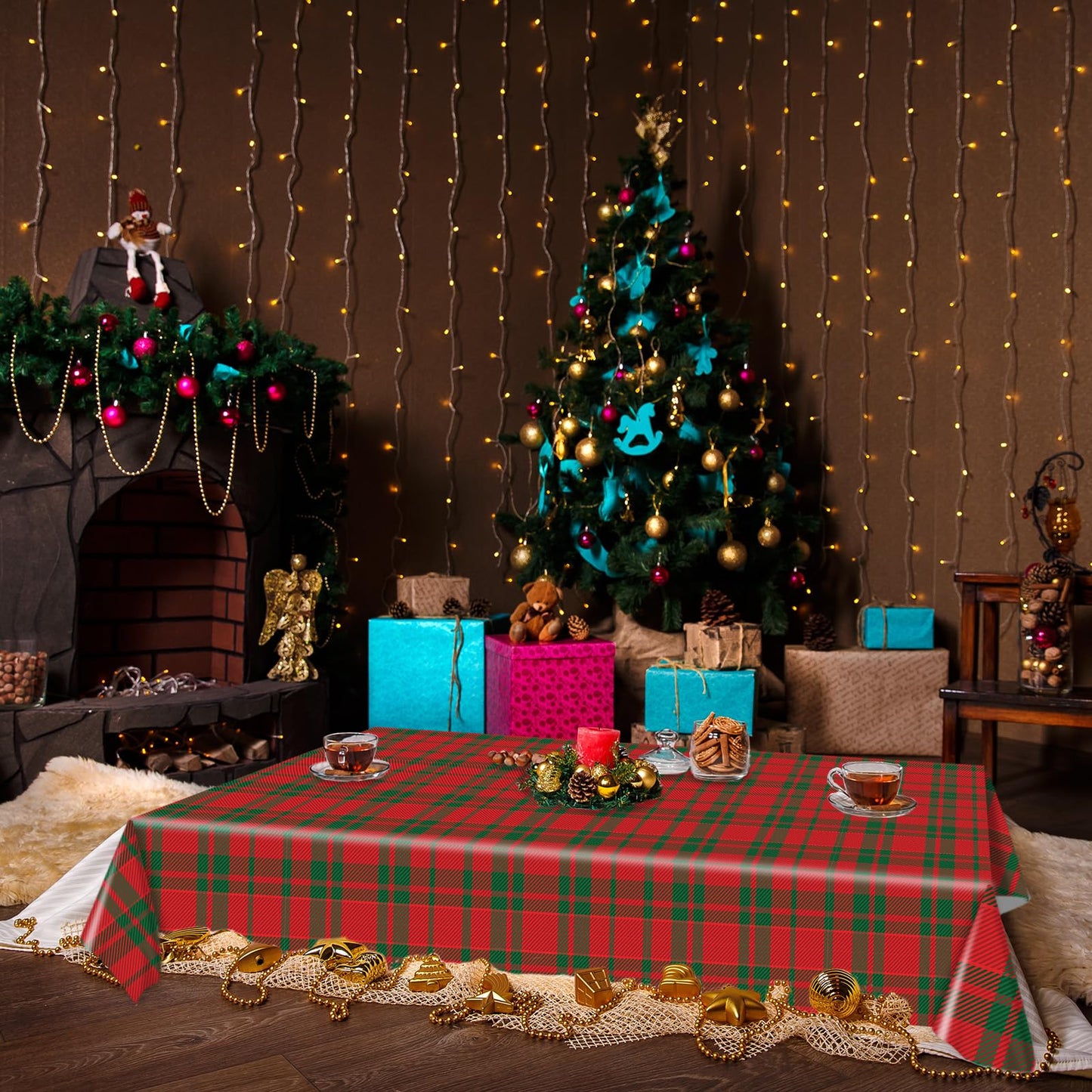 3 Pieces Christmas Tablecloth Buffalo Checkered Plaid Party Tablecover Red And Green Plastic Table Cloths Rectangle Xmas Theme P