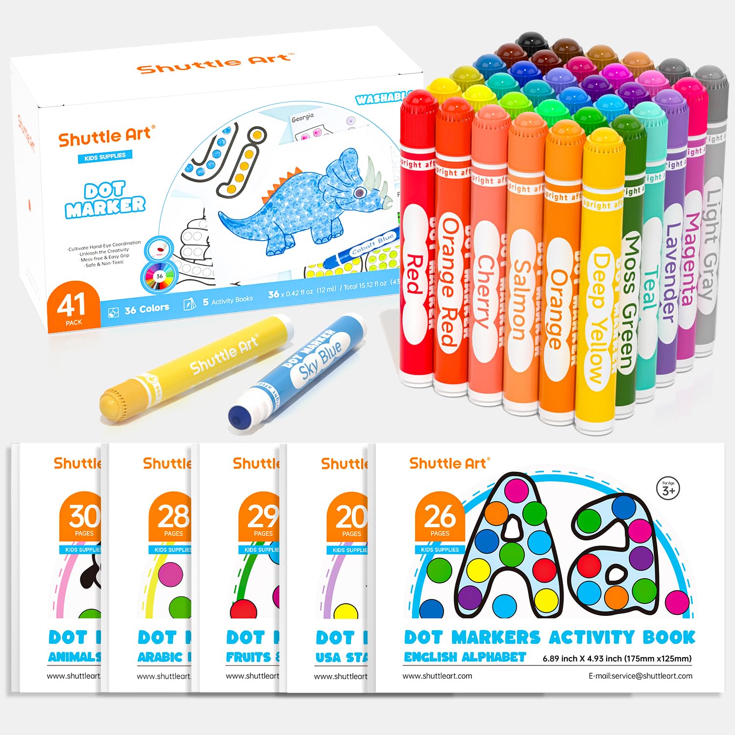 Shuttle Art Dot Markers, 36 Colors Washable with 135 Activity Sheets, 5 Activity Books, Fun Art Supplies for Kids Toddlers and P