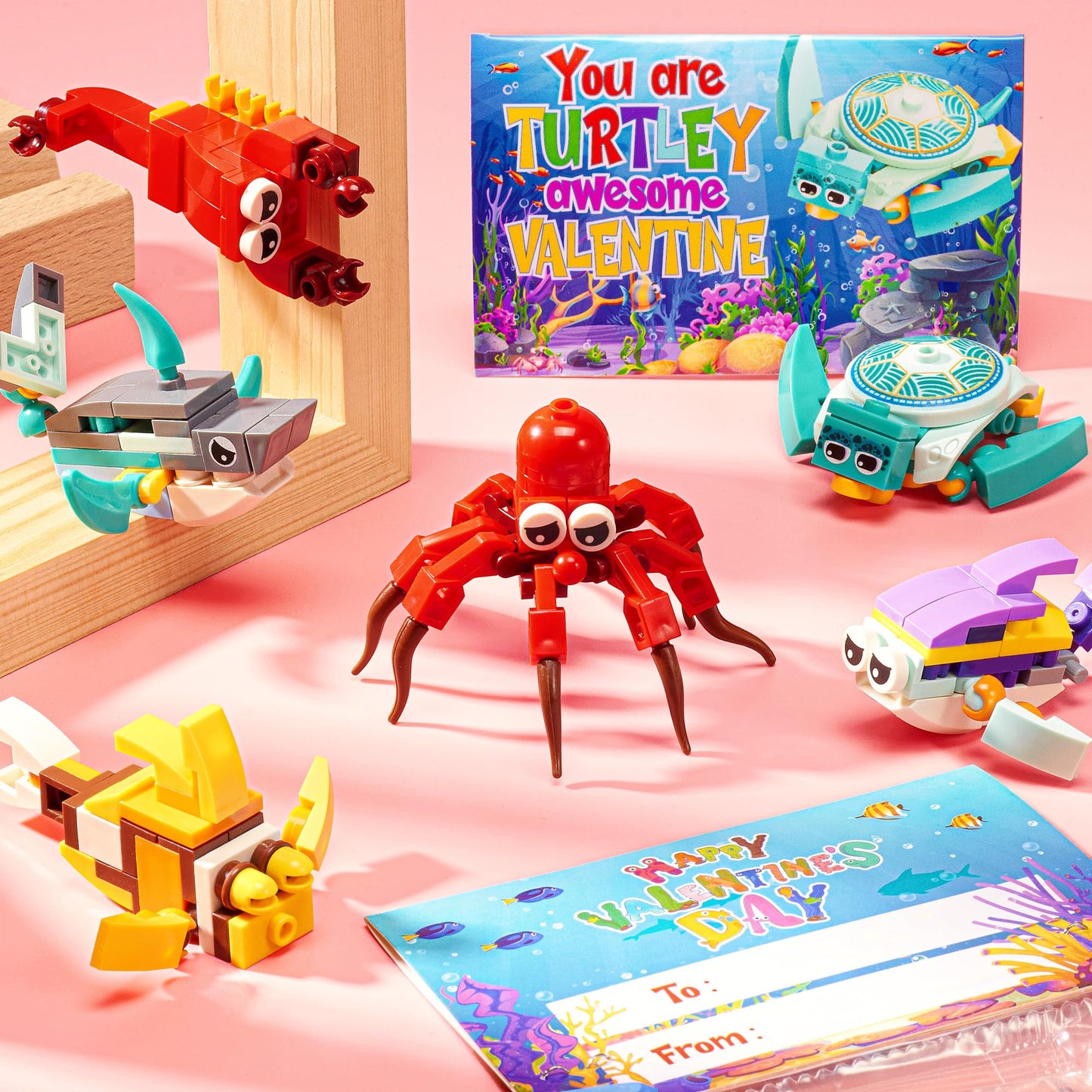 Asoulin Valentines Day Gifts For Kids, 24 Pack Sea Animal Building Block Set With Valentines Day Cards For Kids Classroom School