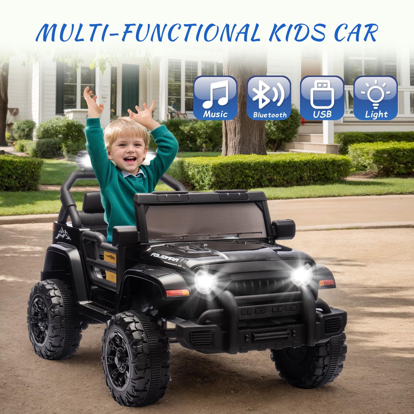 OKYBABY Ride on Truck Car  12V Kids ' Electric Vehicles W/Parents Control  Ride on Toys for Toddlers with Music  Bluetooth  Four-Wheels Suspension  USB  Headlights  Black