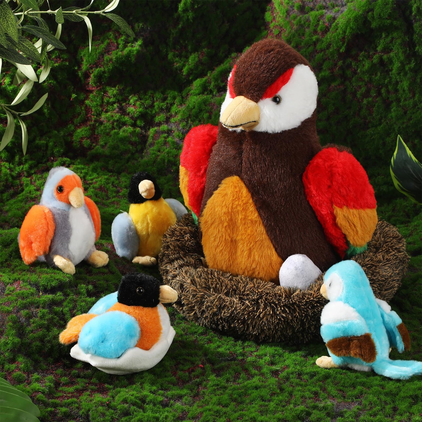 Roundfunny 7 Pcs Birds Stuffed Animal Toys Set 9.8 Inch Bird Plush With 4 Pcs Cute Baby Birds Plushies, 1 Pcs Egg And 1 Pcs Larg