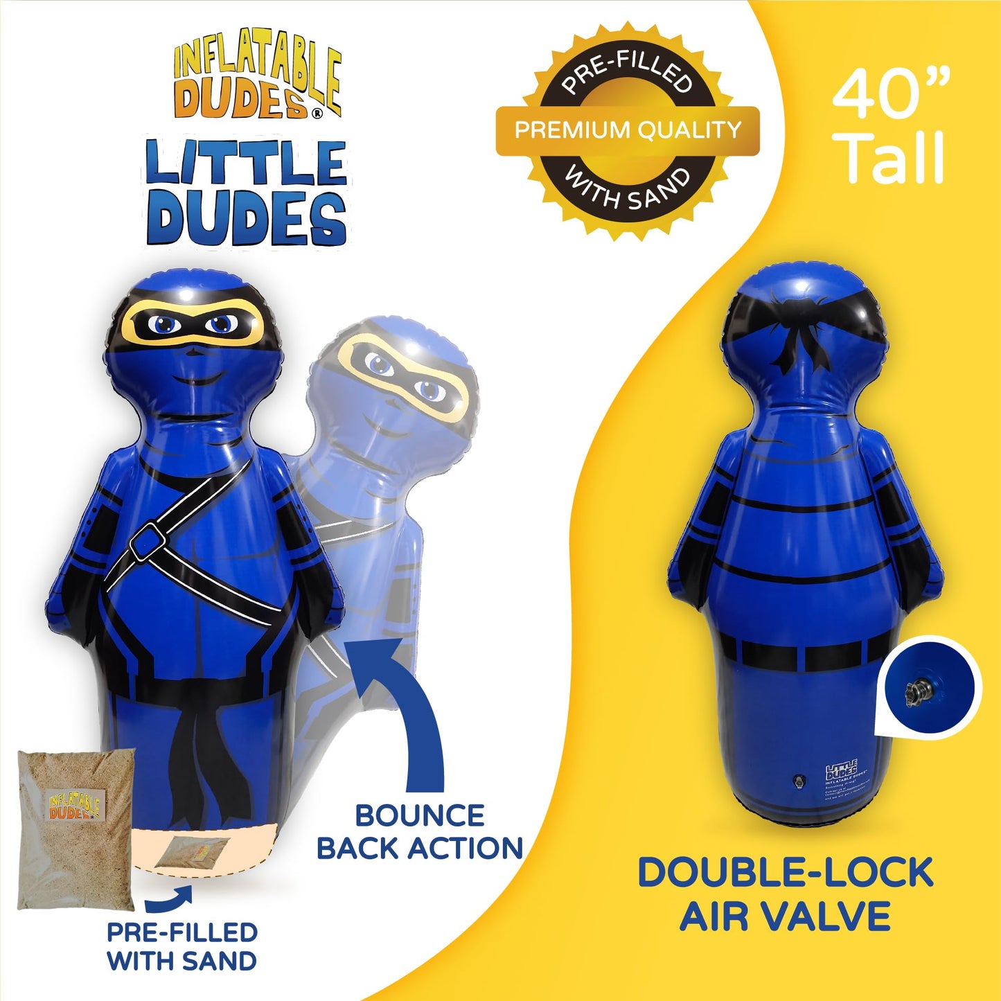Inflatable Dudes Small Ninja 40 Inches -Kids Punching Bag | Already Filled With Sand| Bop Bag | Premium Inflatable Toy| Punching Bag For Kids| Bounce-Back | Indoor Outdoor -(Little Dudes- Nobi)