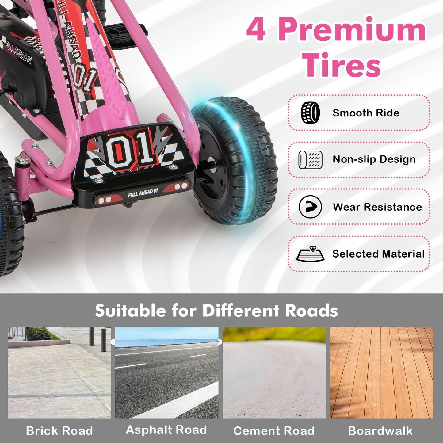 Costzon Go Kart For Kids, 4 Wheel Pedal Powered Go Cart With Adjustable Seat, Handbrake & Non-Slip Wheels, Outdoor Racer Ride On Pedal Car, Gift For Boys Girls (Pink)